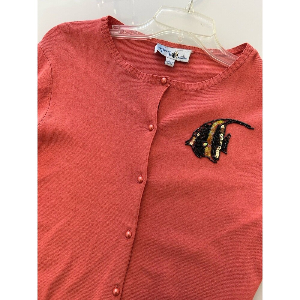 VTG Guy Harvey Tropical Fish Knit Sweater Button Cardigan Women Size L Coral